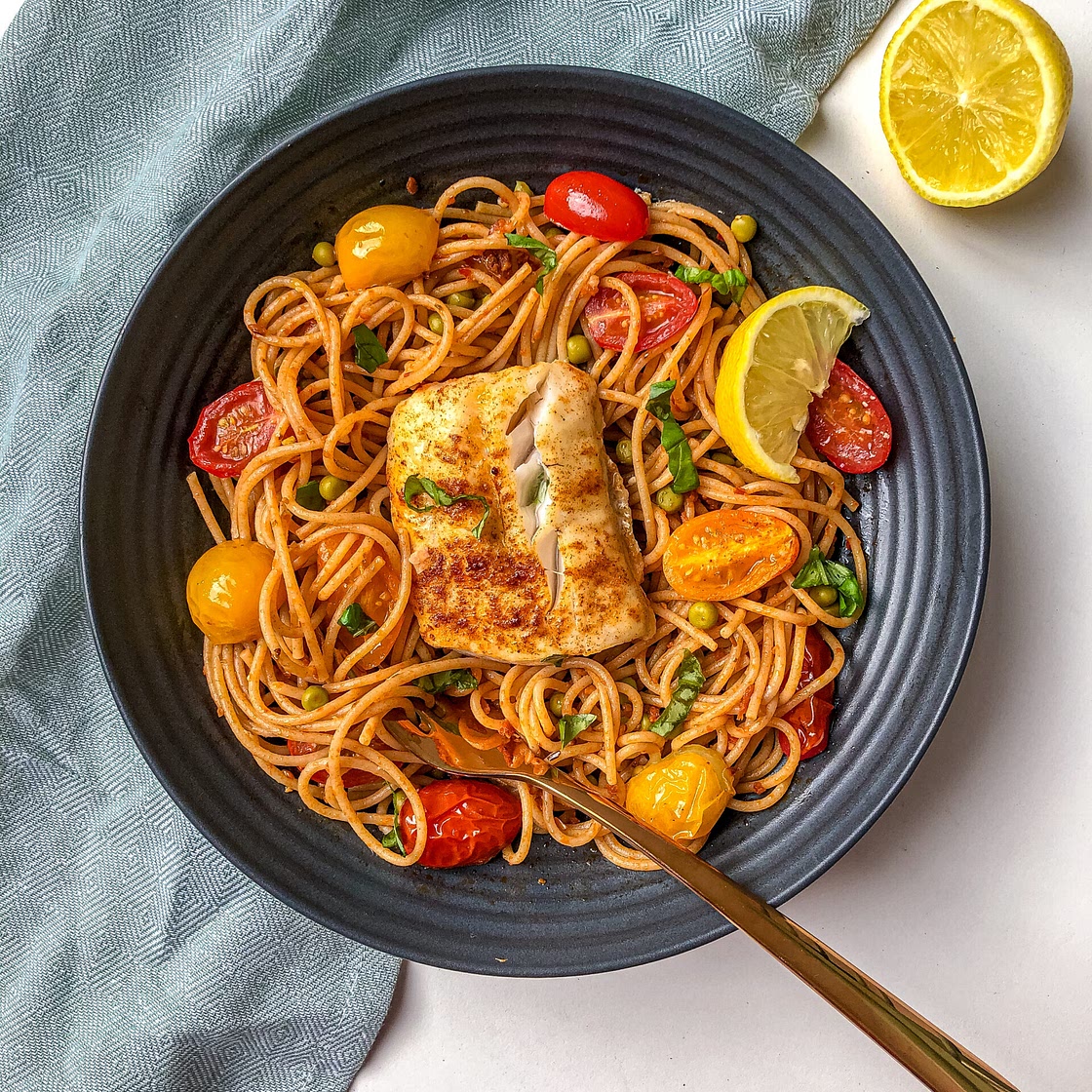 Cod pasta with red pesto and peas