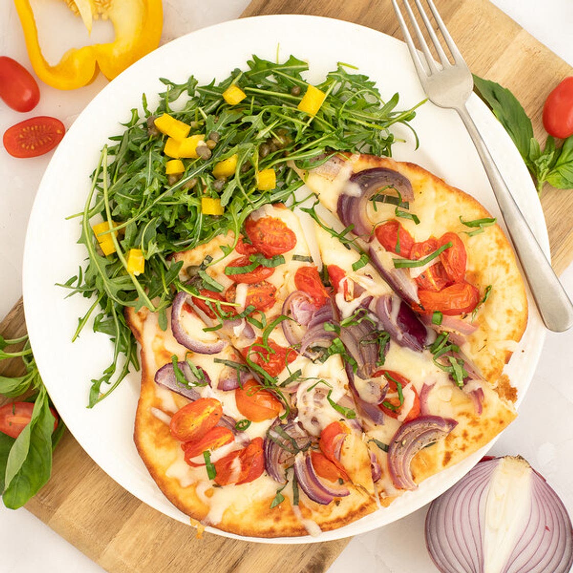 Roasted Tomato, Onion & Mozzarella Flatbread with Arugula-Caper Salad