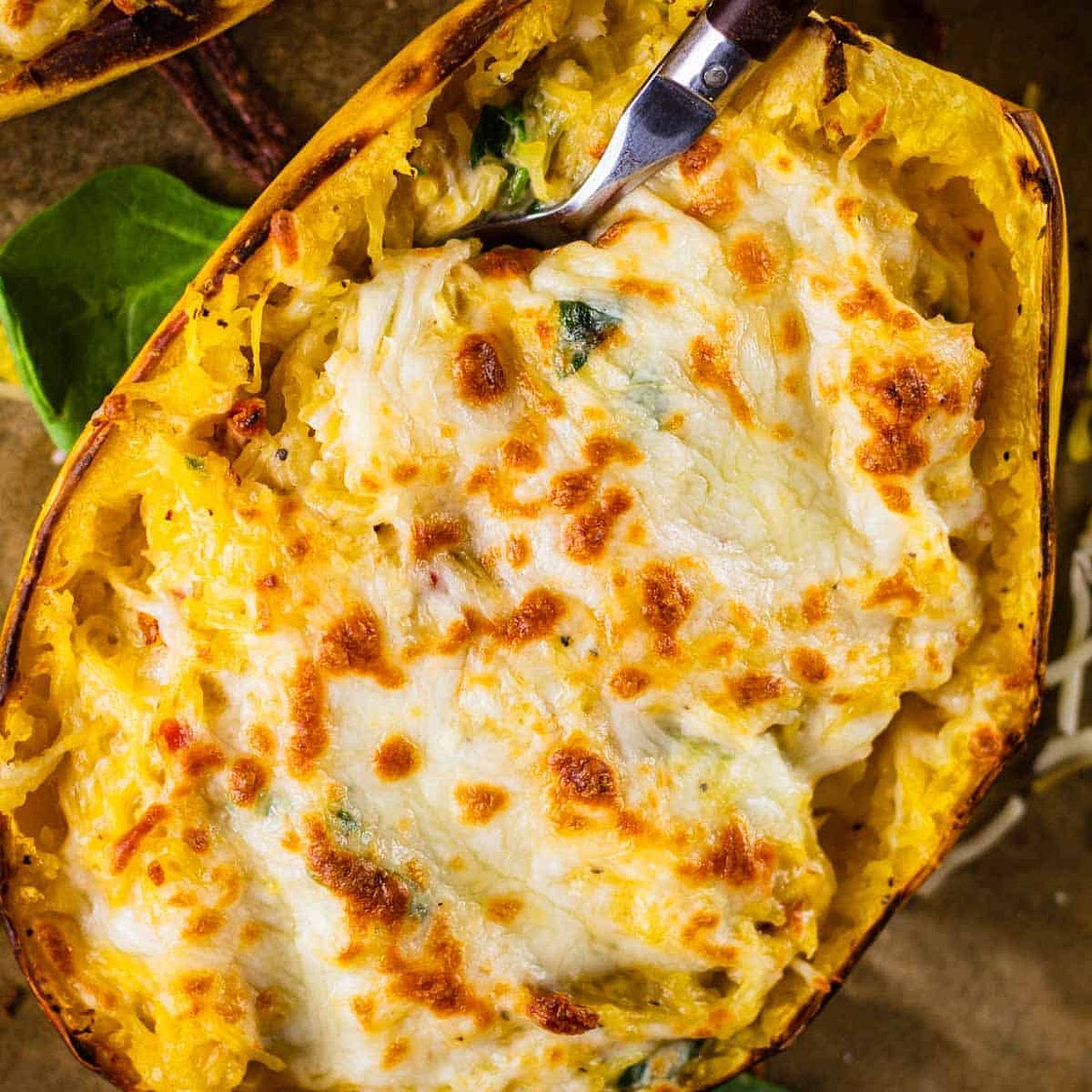 Baked Spaghetti Squash Alfredo with Spinach and Sundried Tomatoes