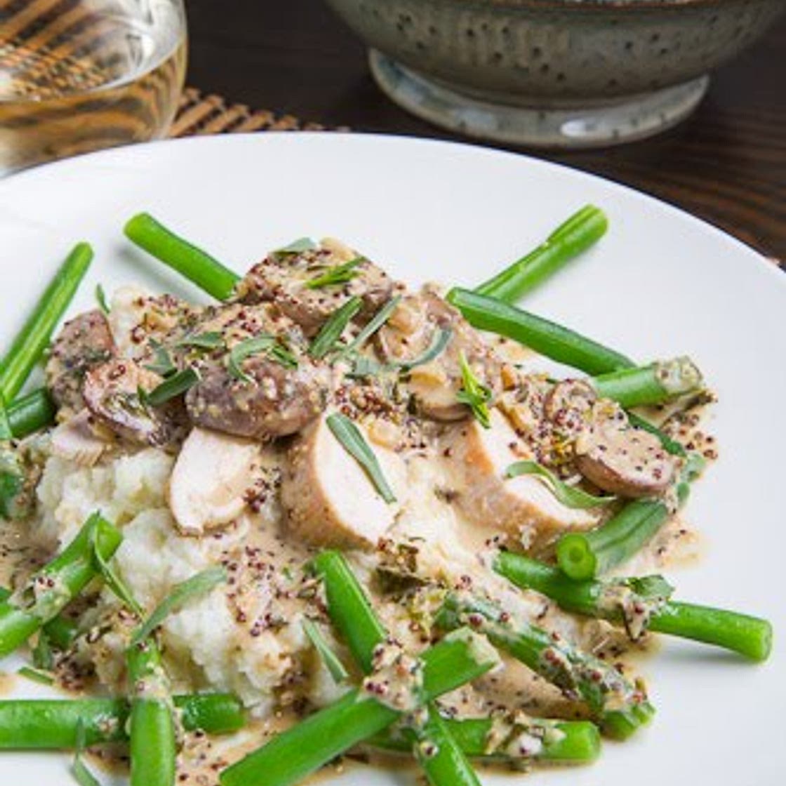 Pan Seared Chicken Breasts in a Mushroom, Tarragon and Mustard Pan Sauce