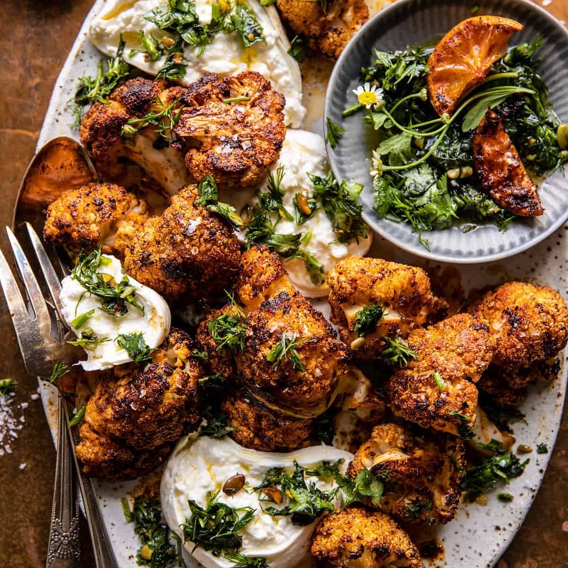 Crispy Roasted Blackened Cauliflower with Burrata and Herbs