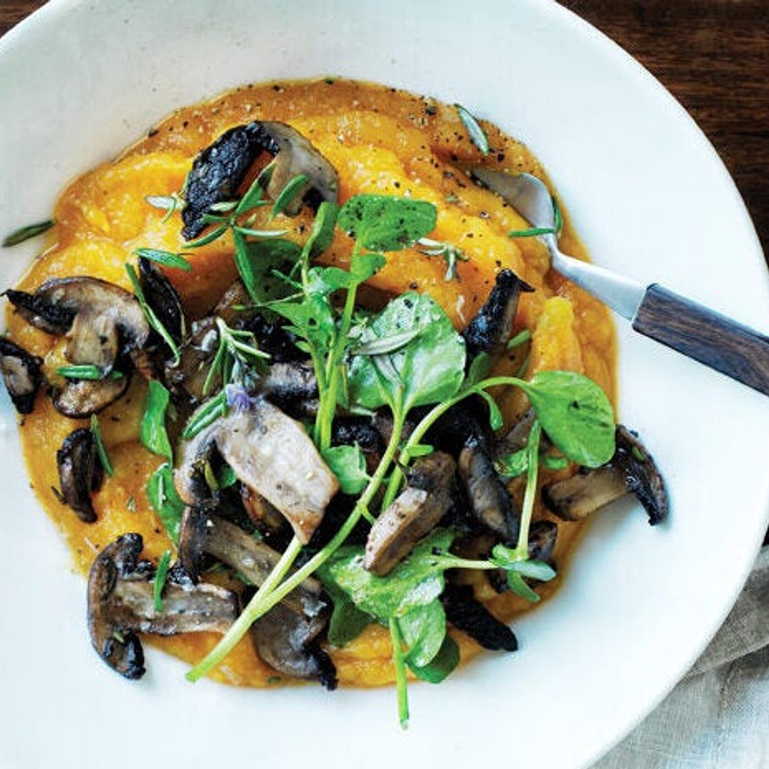 Mashed Squash with Sautéed Mushrooms and Watercress