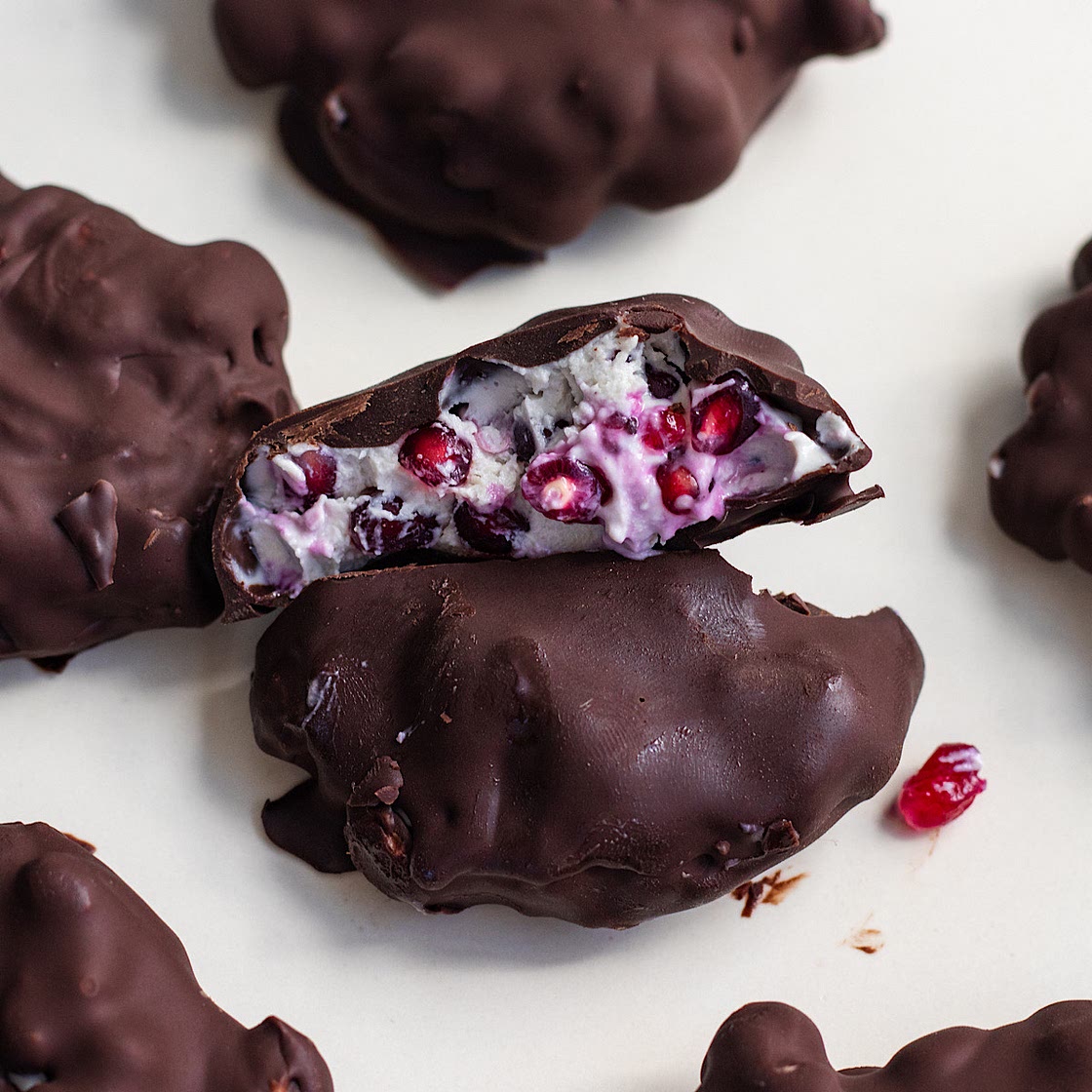 Chocolate Covered Pomegranate Yogurt Clusters