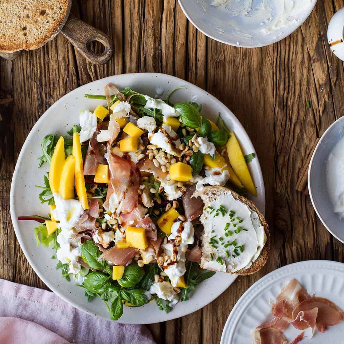 Prosciutto Salad with Mango and Burrata
