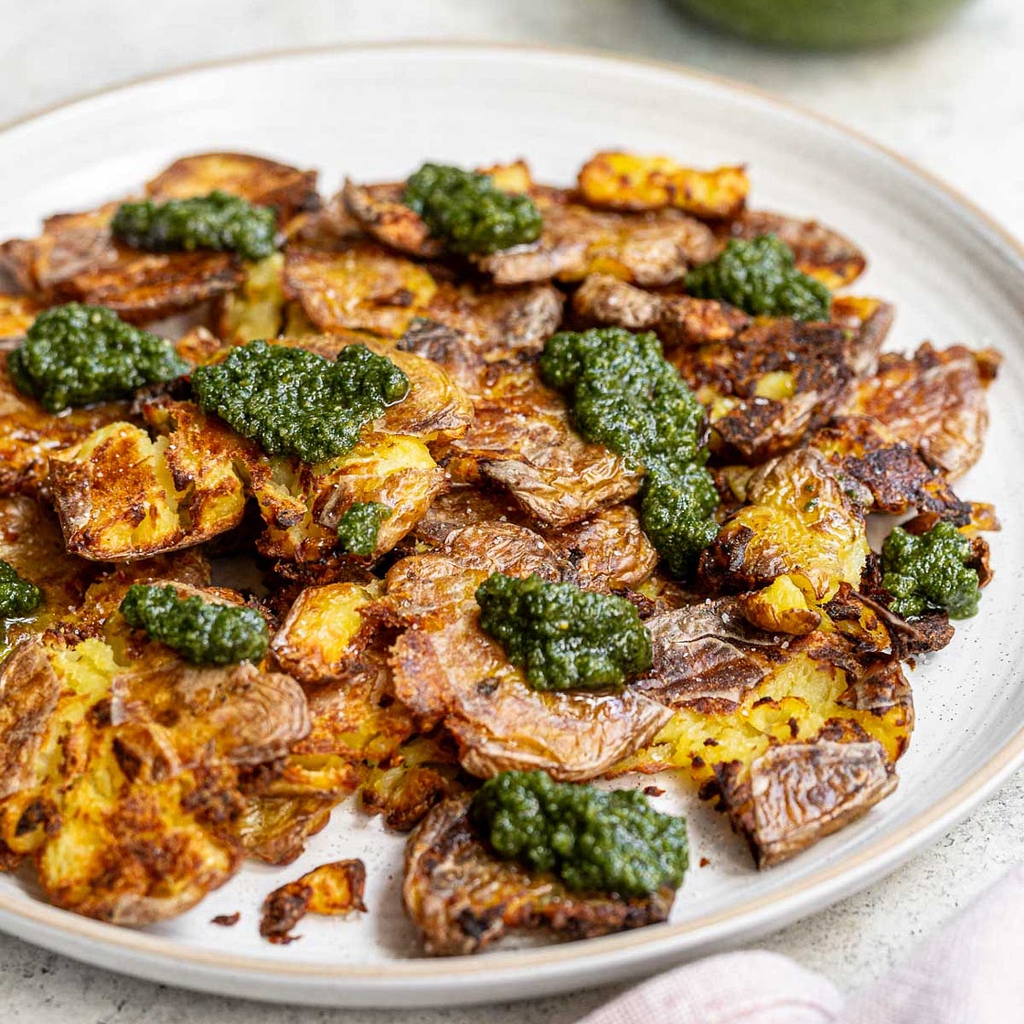 Crispy Smashed Potatoes with Vegan Pesto