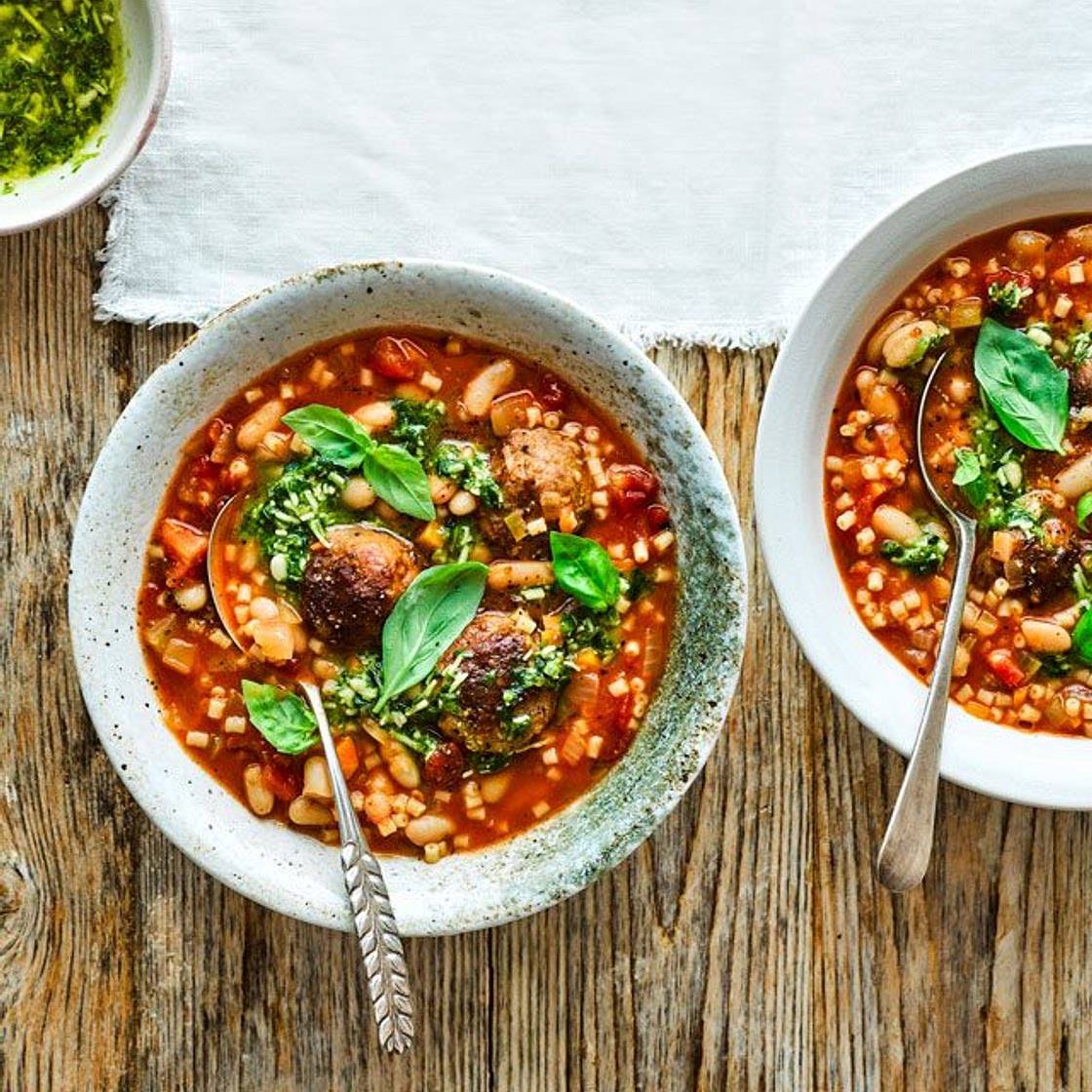 Meatball minestrone with pesto