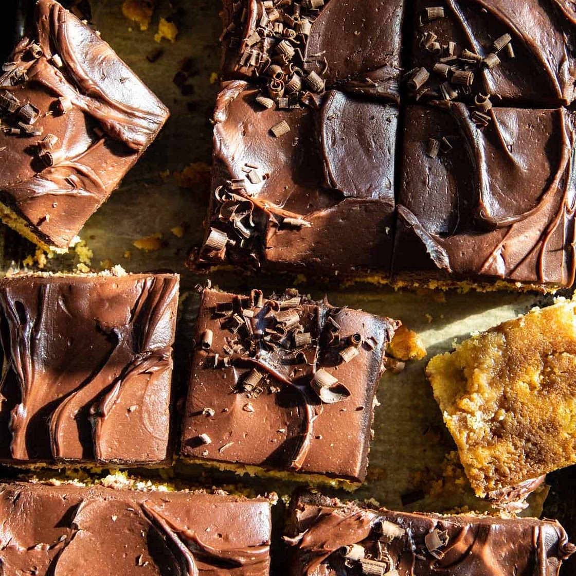 Swirled Caramel Sheet Cake with Fudgy Chocolate Frosting