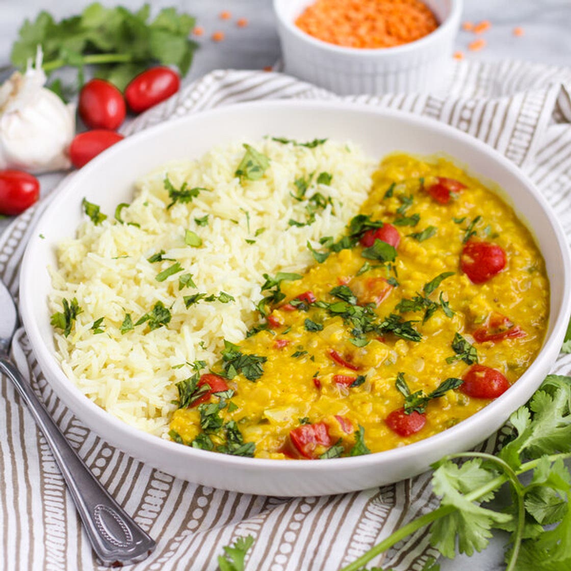 Coconut Curry Red Lentil Dahl with Tomatoes, Cilantro & Rice