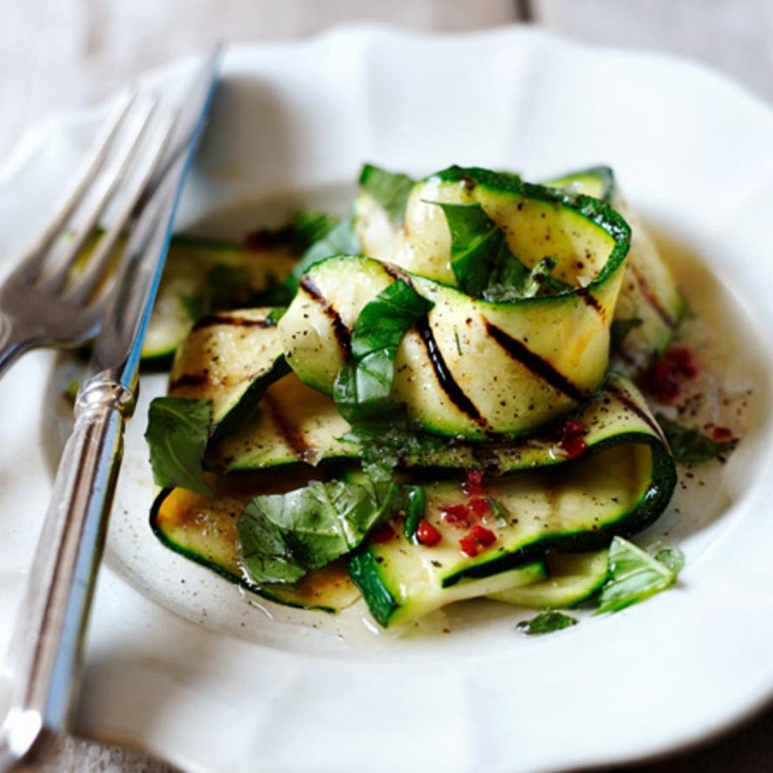 Grilled courgette salad with basil, mint, chilli and lemon