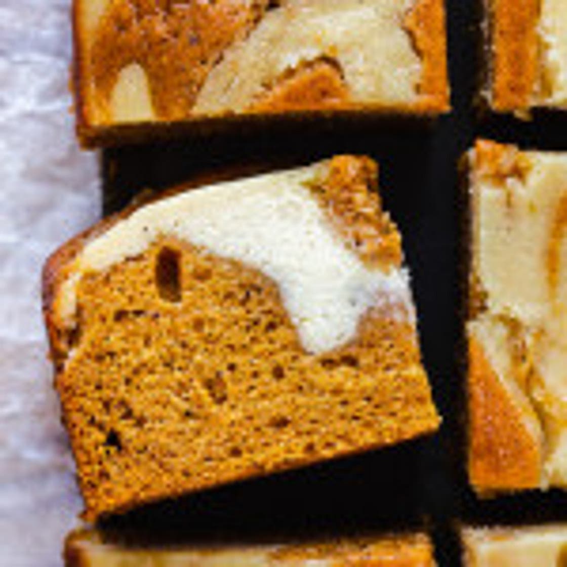 Vegan pumpkin cake with cheesecake swirls
