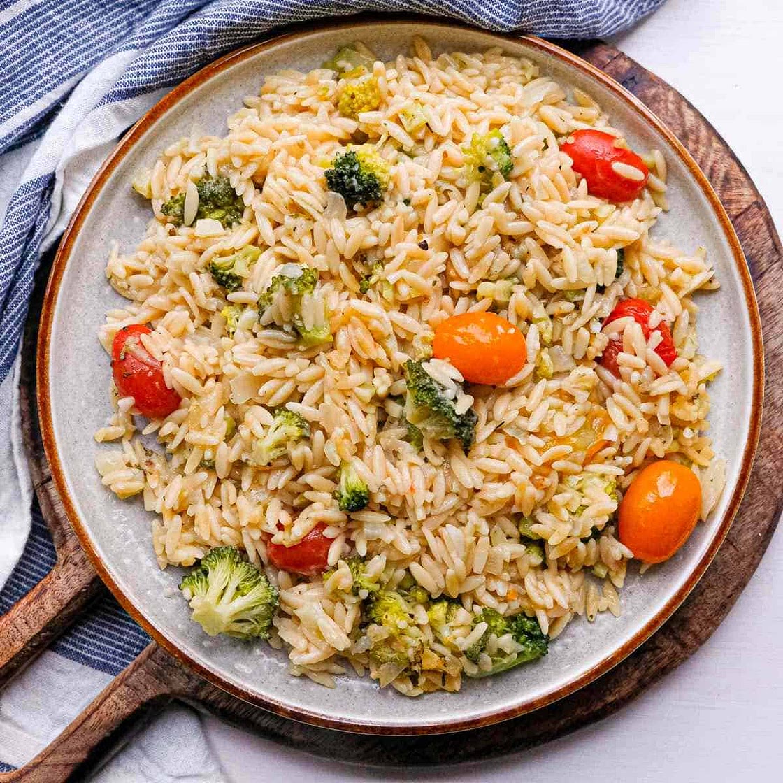 Broccoli Parmesan Orzo with Burst Tomatoes