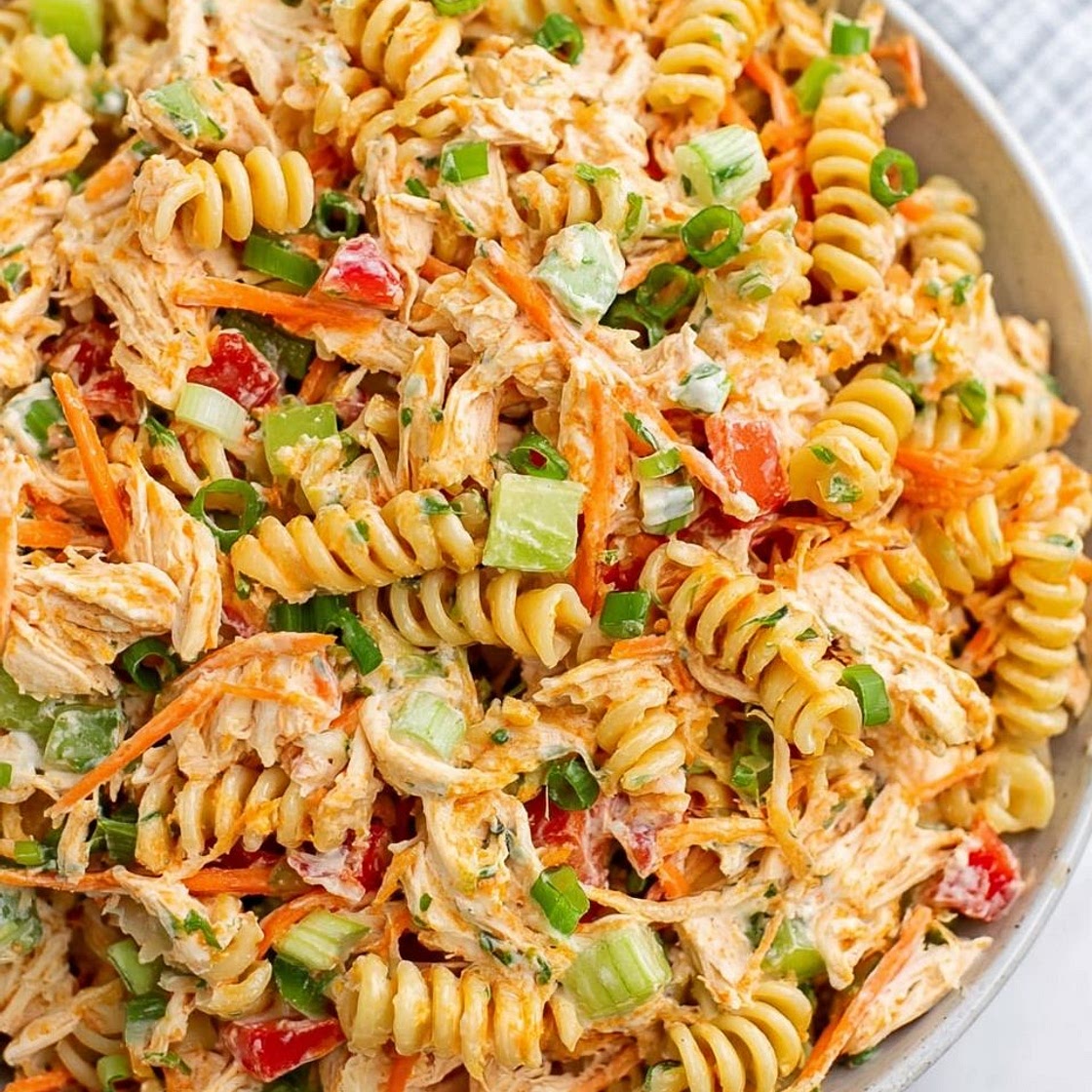 Healthy Buffalo Chicken Pasta Salad with Blue Cheese