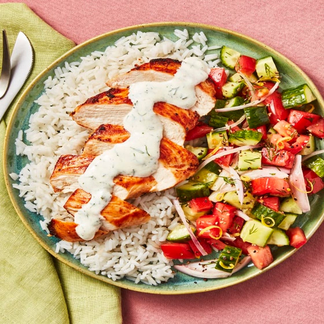 Shawarma-Spiced Chicken with Persian Salad, Rice & Creamy Dill Sauce