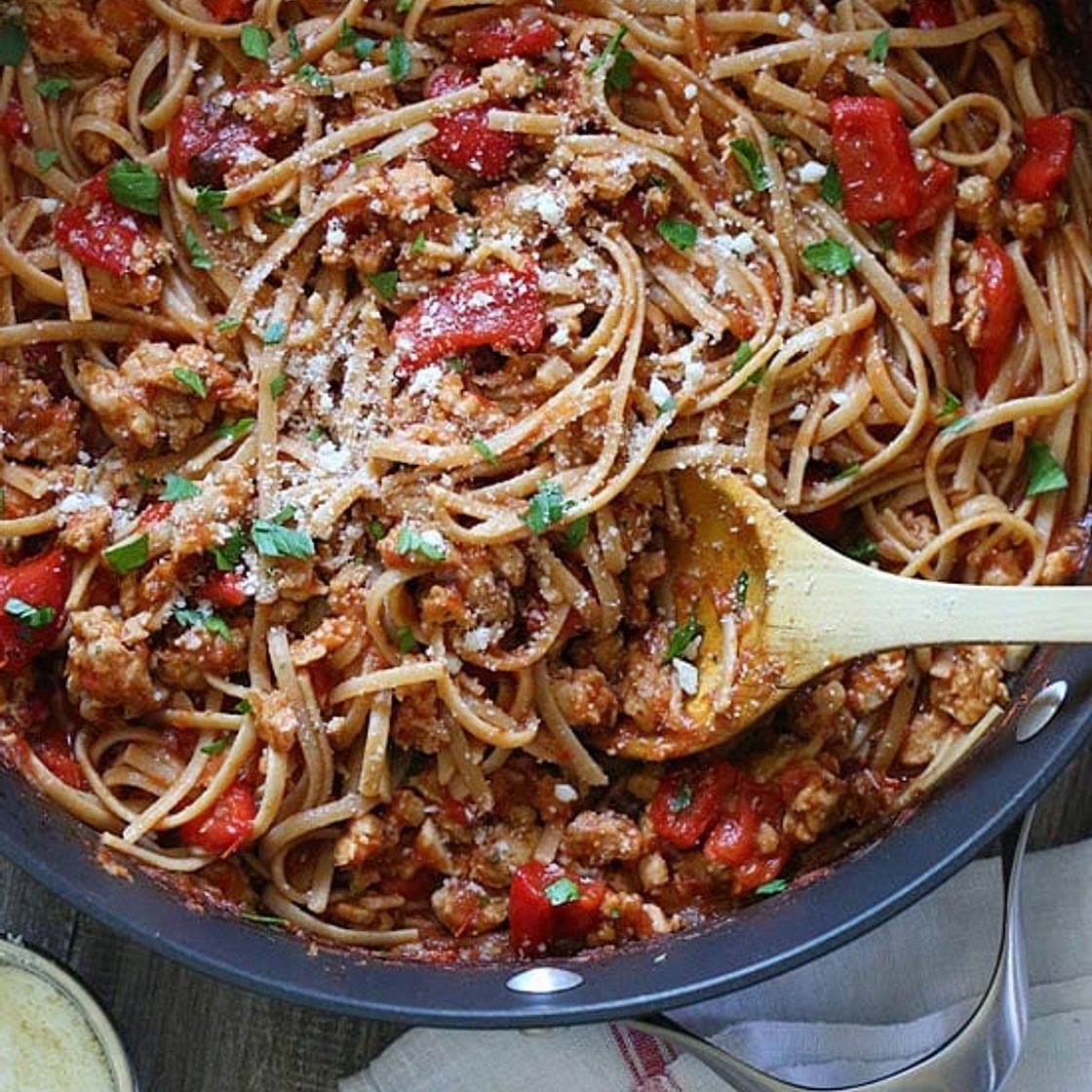 Spicy Whole Wheat Linguini with Sausage and Roasted Peppers