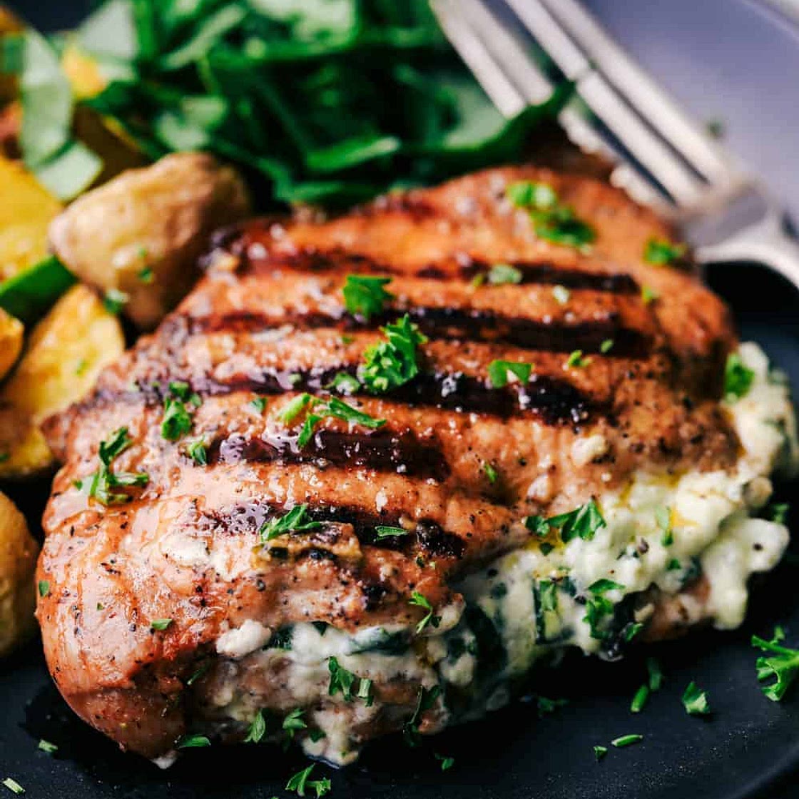 Grilled Spinach and Herb Stuffed Pork Chops