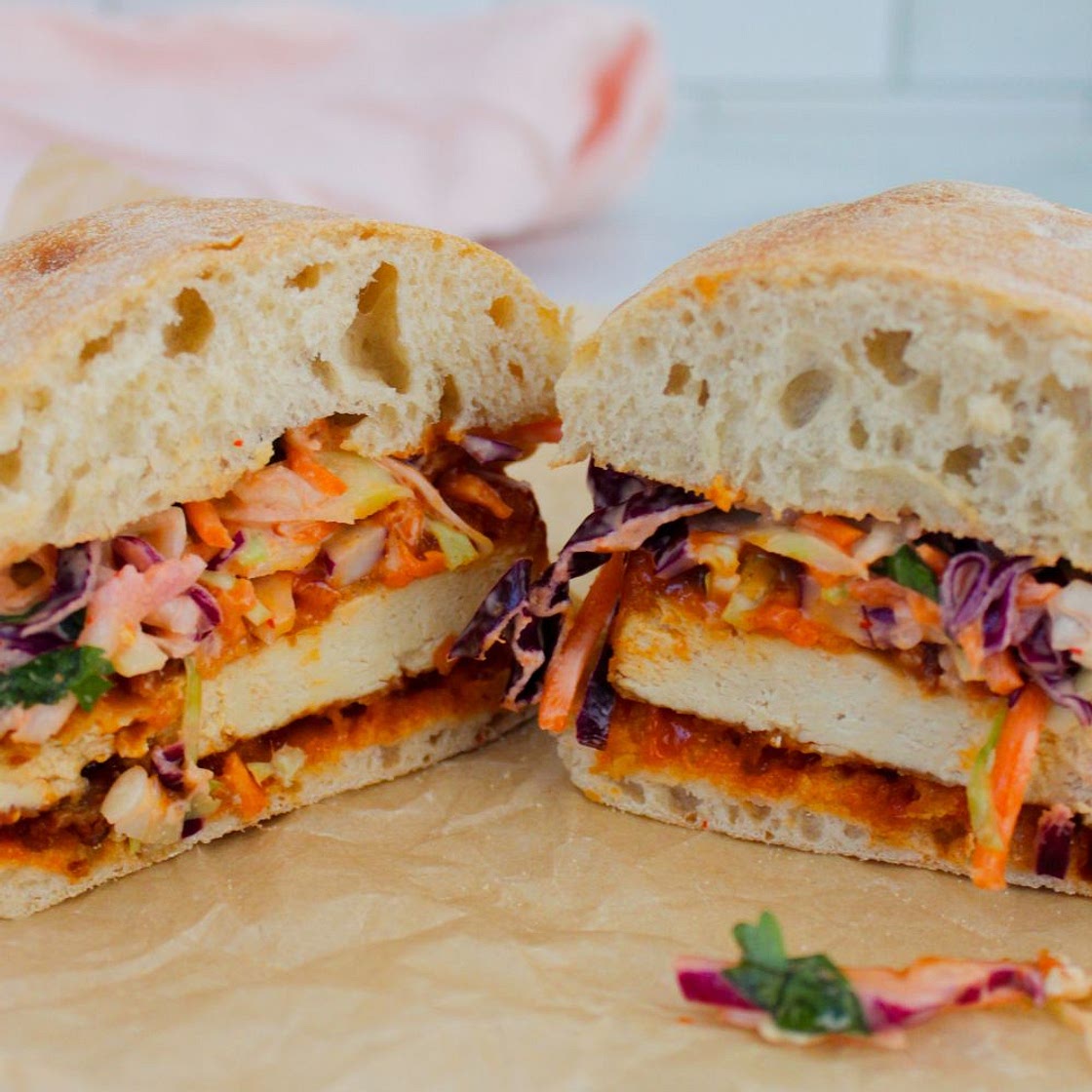 Crispy Gochujang Tofu Sandwich with Sriracha Slaw