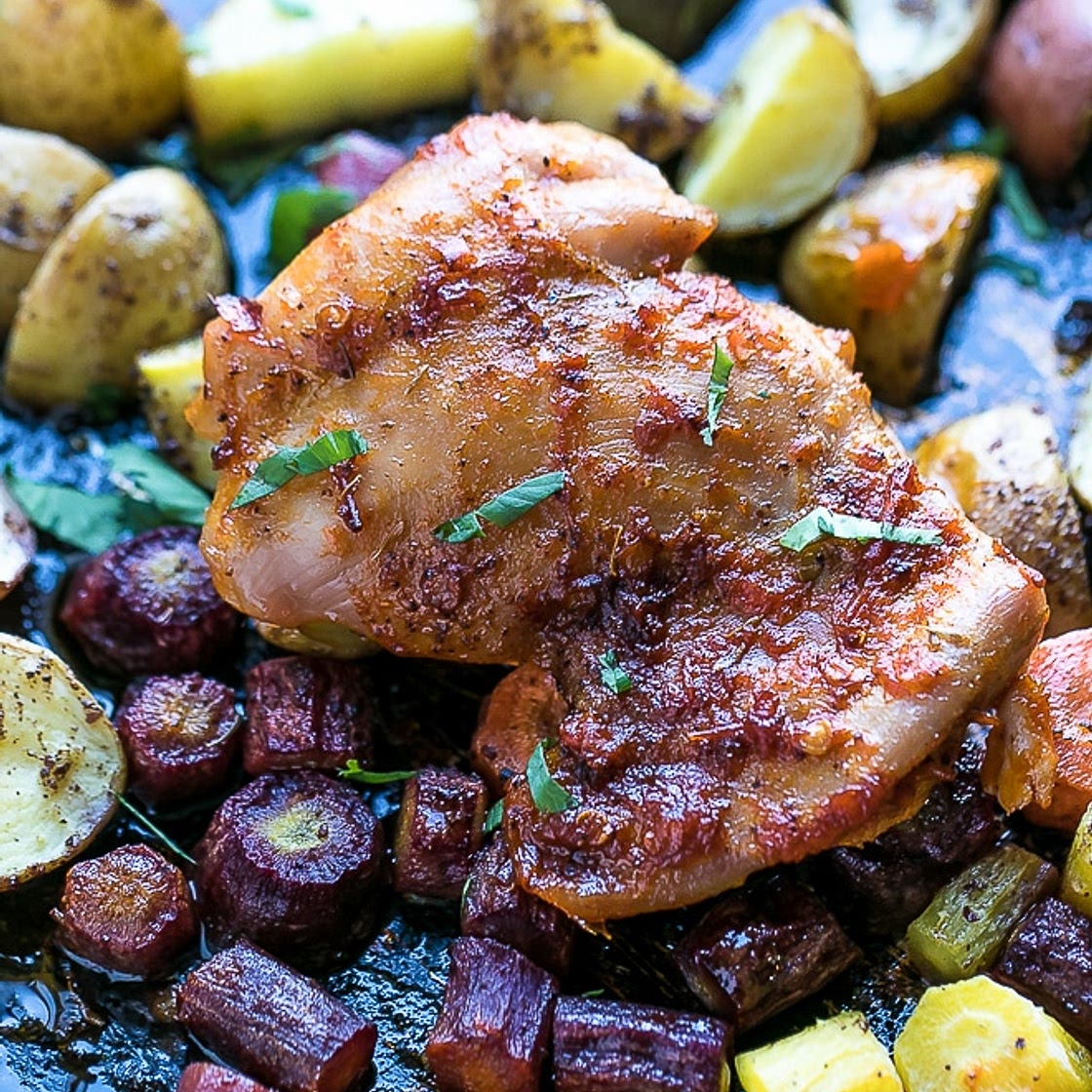 SHEET PAN HARISSA CHICKEN WITH POTATOES AND CARROTS