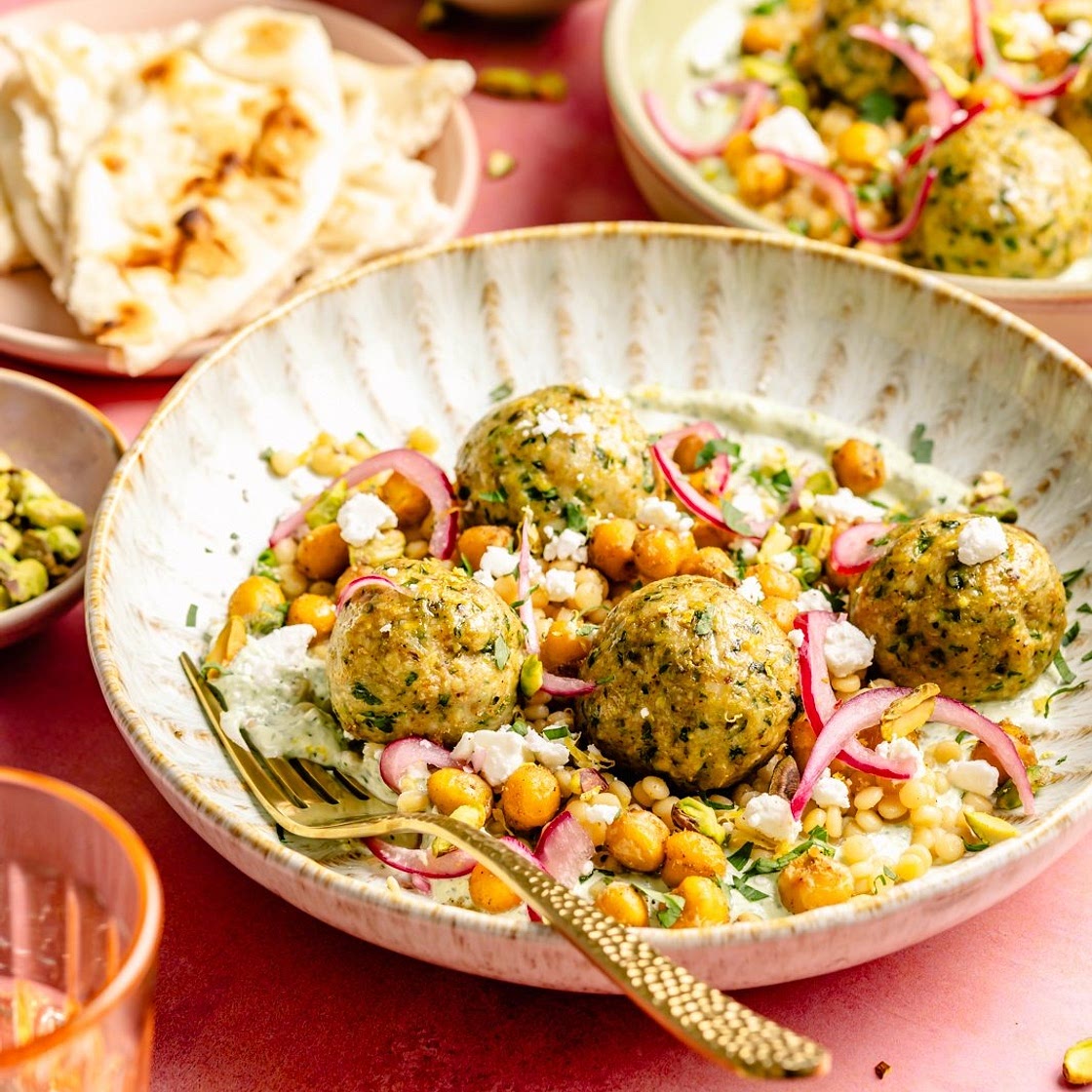 Sheet Pan Jalapeño Pistachio Chicken Meatball Bowls