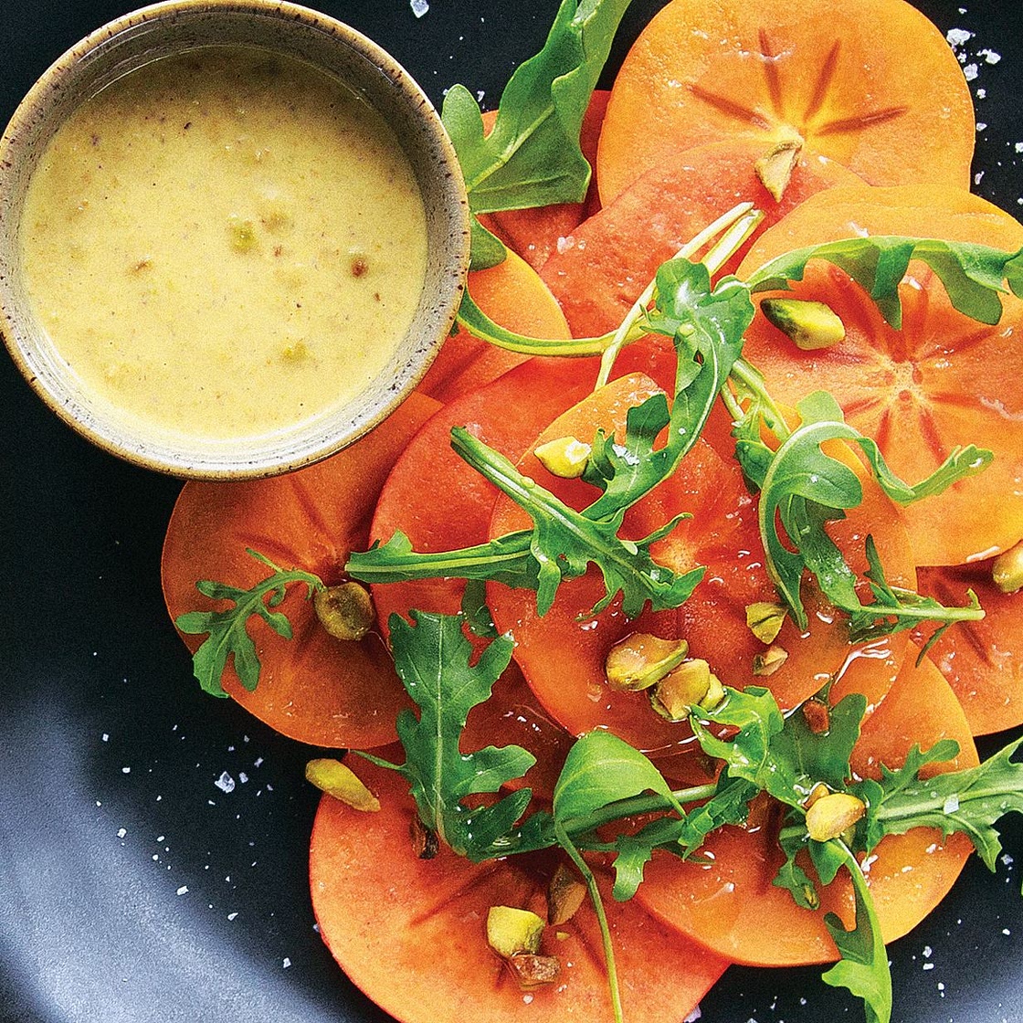 Arugula and Persimmon Salad with Pistachio Vinaigrette
