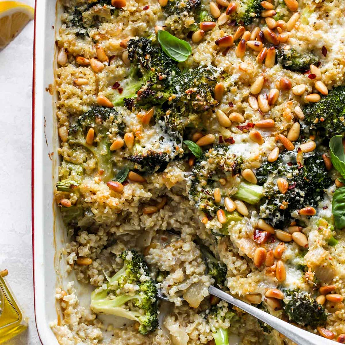 Cheesy Pesto Broccoli Quinoa Casserole