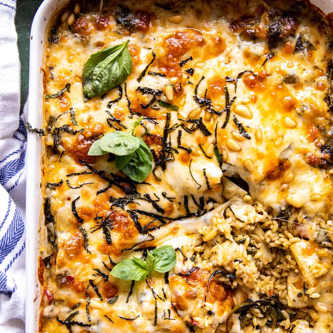 One Pan Spinach and Artichoke Orzo Bake
