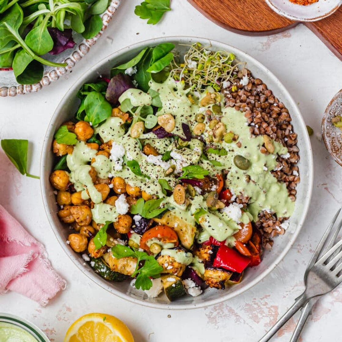 Roasted Vegetables and Chickpeas with Green Goddess Tahini