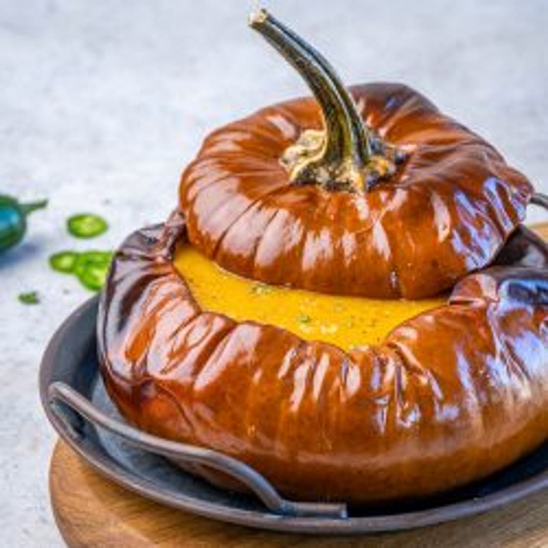 Pumpkin Jalapeno Soup in a Roasted Pumpkin