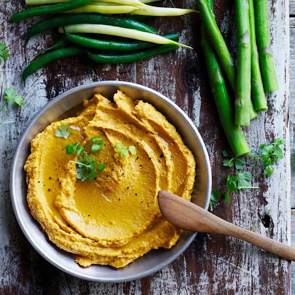 Pumpkin hommus with green dippers (Toddlers and beyond)