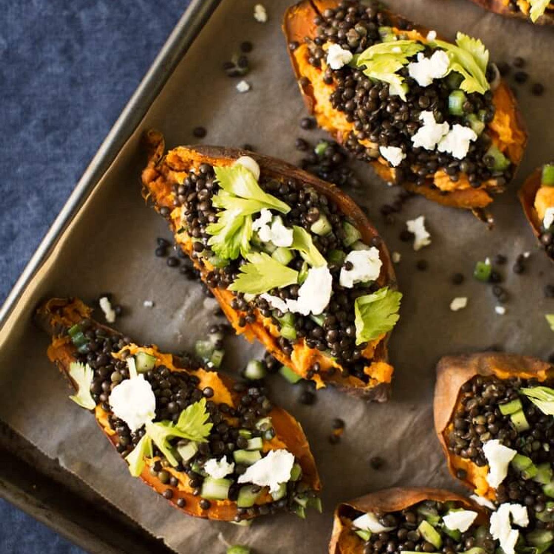 Sweet Potatoes with Goat Cheese & Lentils
