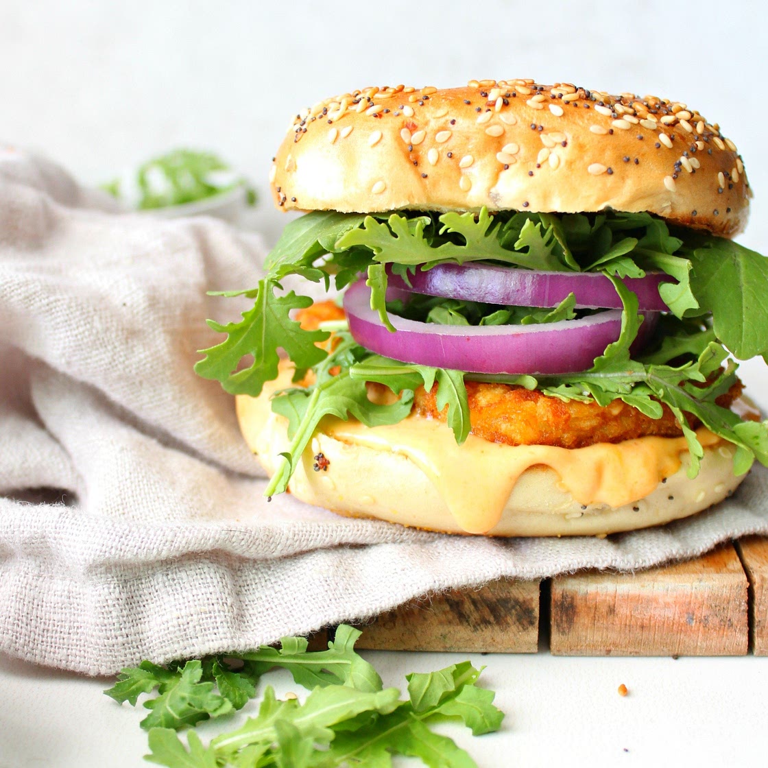 Hash Brown Breakfast Bagel with Vegan Sriracha Mayo