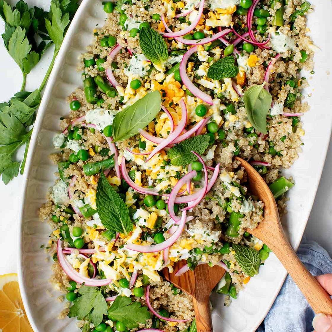Spring Quinoa with Asparagus, Peas & Pickled Onion