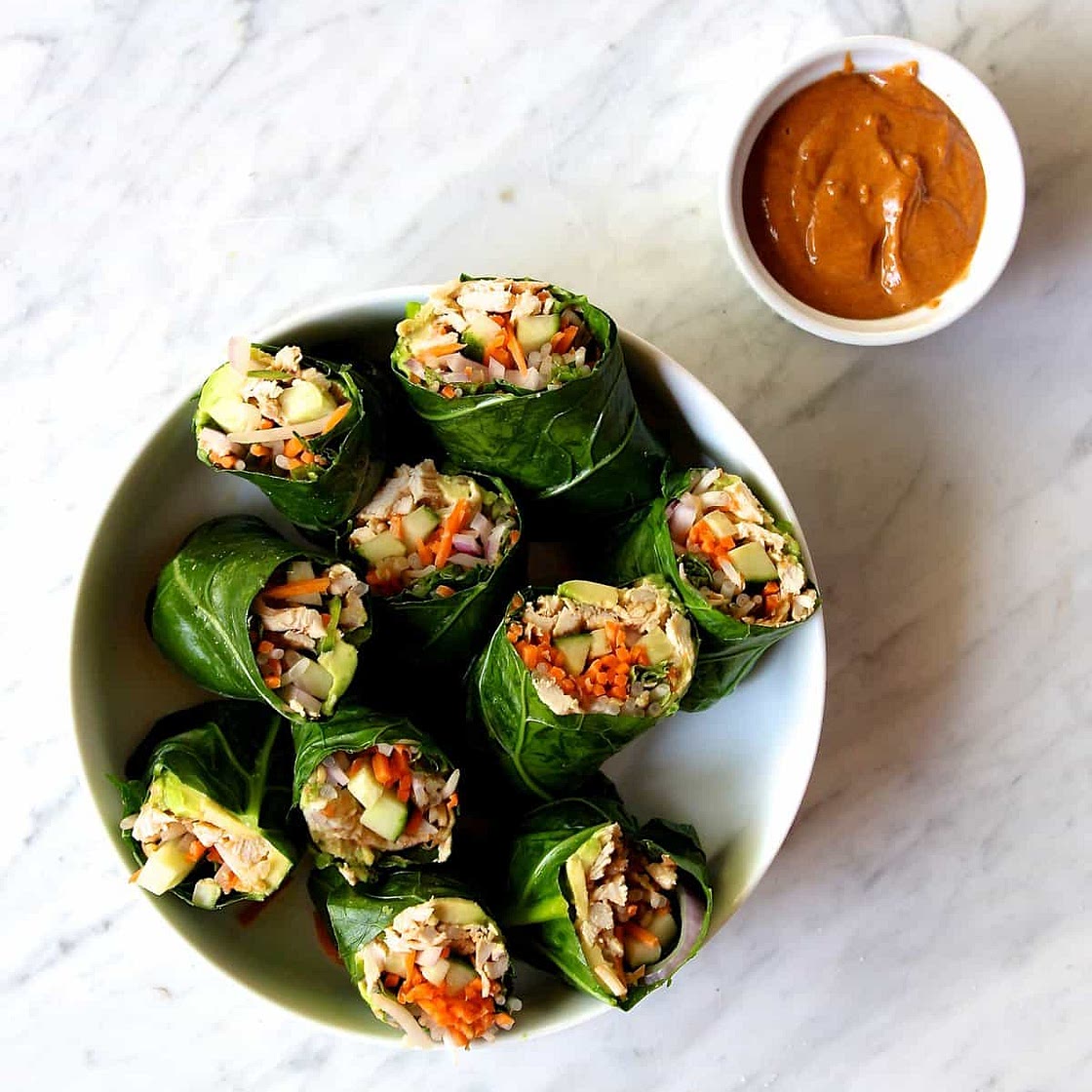Whole30 Collard Green Spring Rolls with "Peanut" Sauce