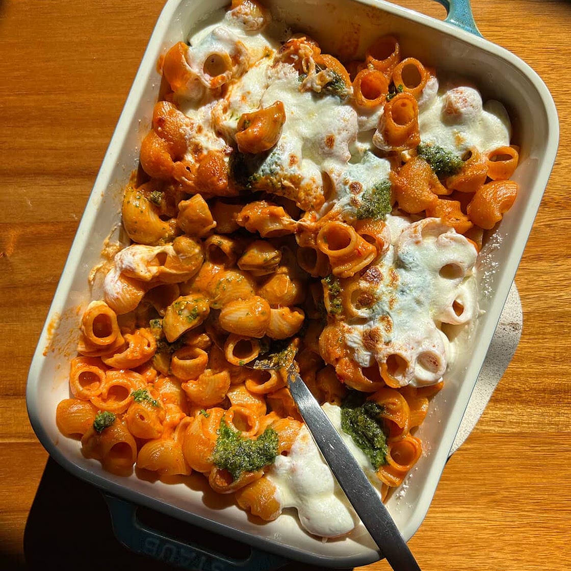 Baked Spicy Vodka Pasta with Parsley Pesto