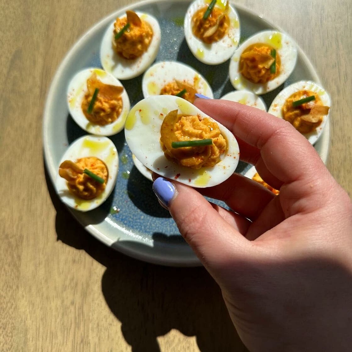 Calabrian Chili and Fried Garlic Deviled Eggs