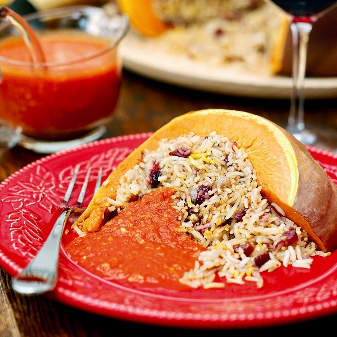 Roast Stuffed Pumpkin With Gingery Tomato Sauce