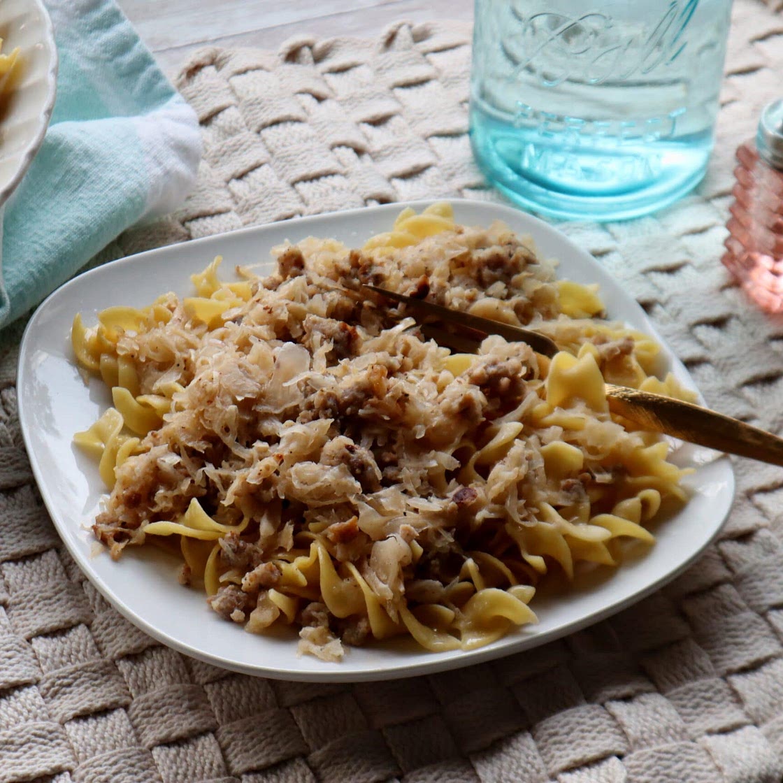 Fried Sauerkraut and Sausage with Buttered Noodles
