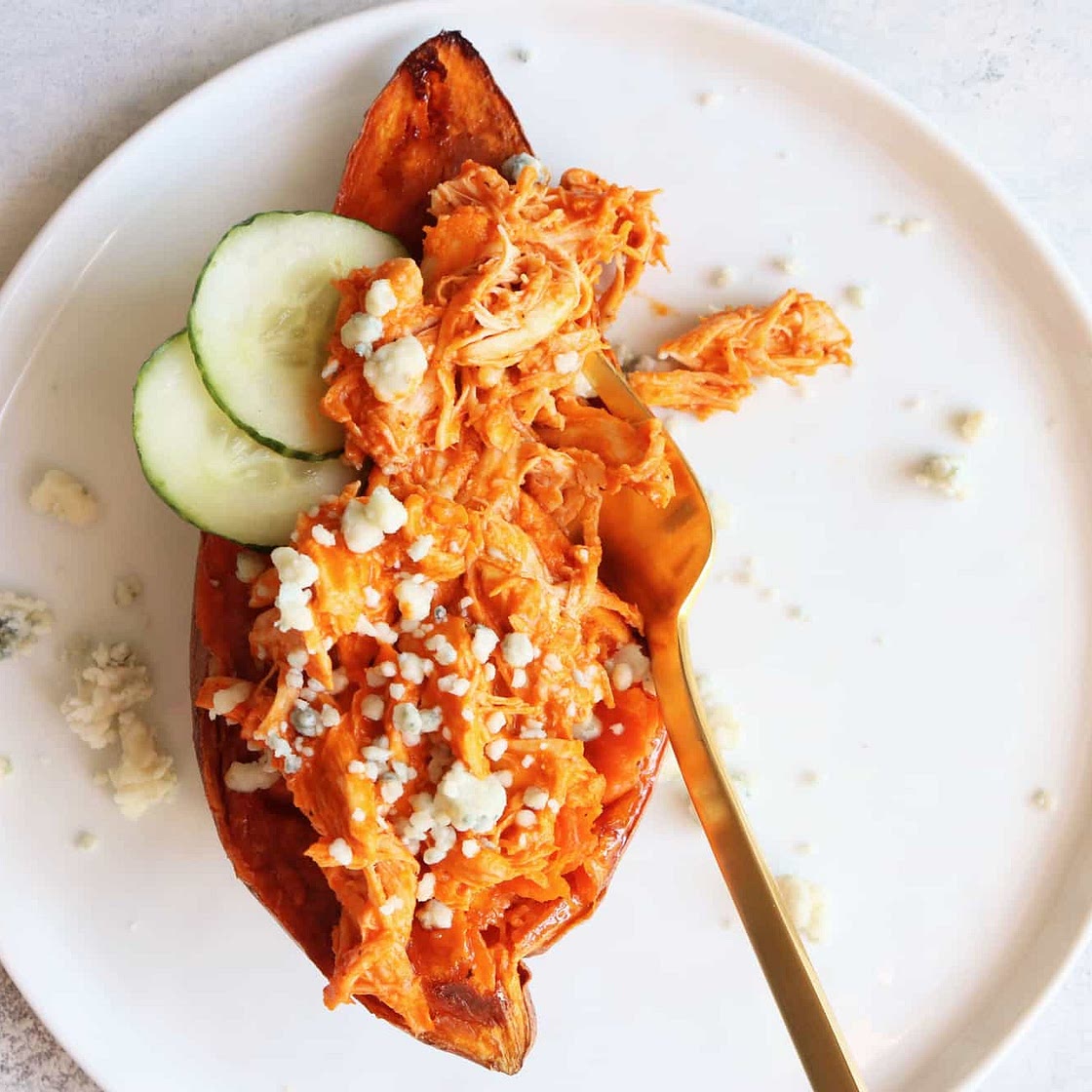 Shredded Buffalo Chicken Sweet Potato Boats