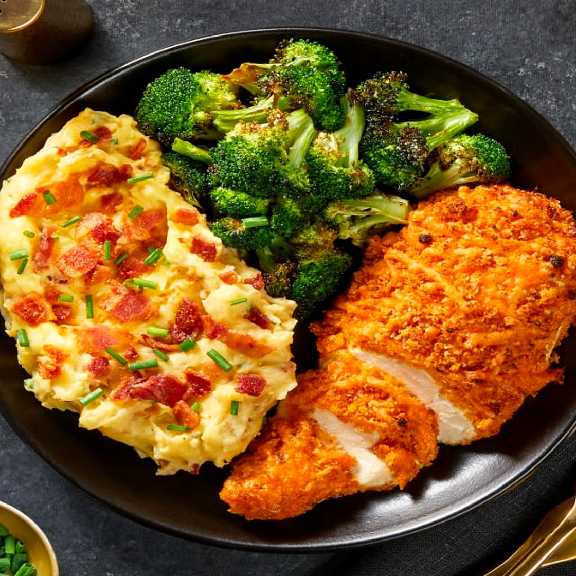 Crispy Cheddar Chicken with Roasted Broccoli & Loaded Bacon Mashed Potatoes
