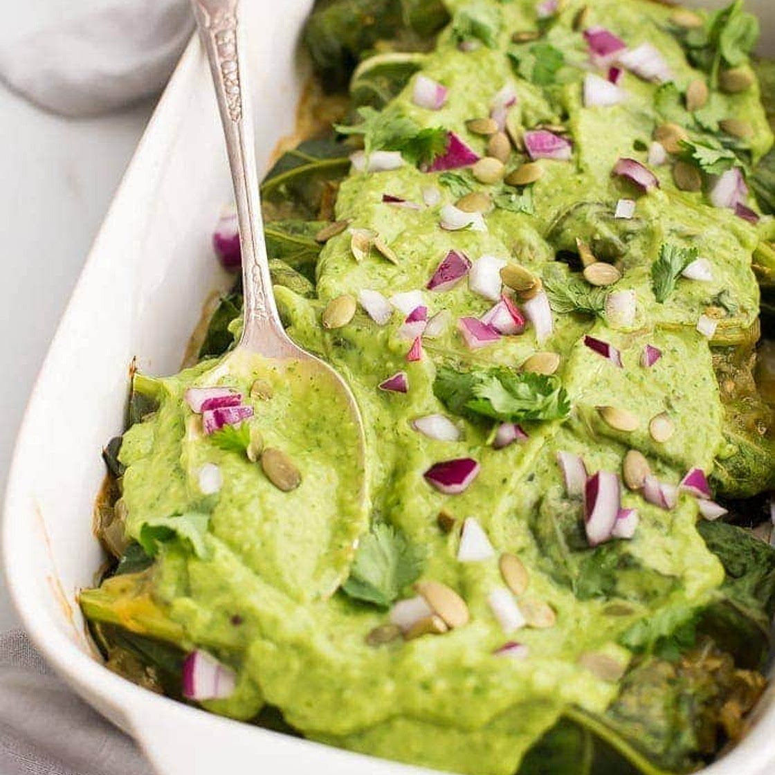 Whole30 Enchiladas with Poblano-Pork Stuffing & Creamy-Avocado Sauce