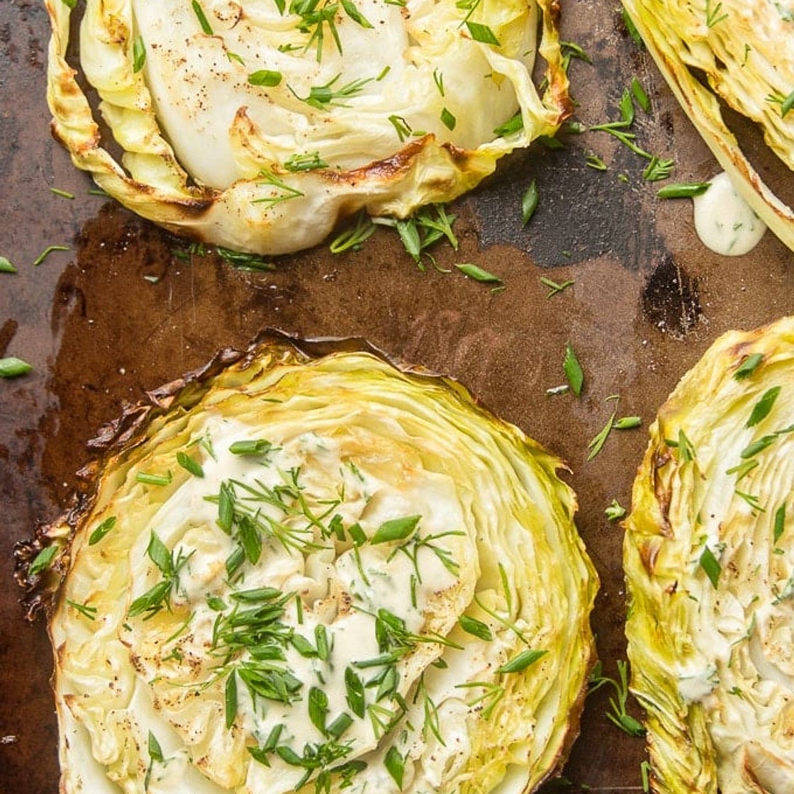 Cabbage Steaks with Tahini Dill Dressing