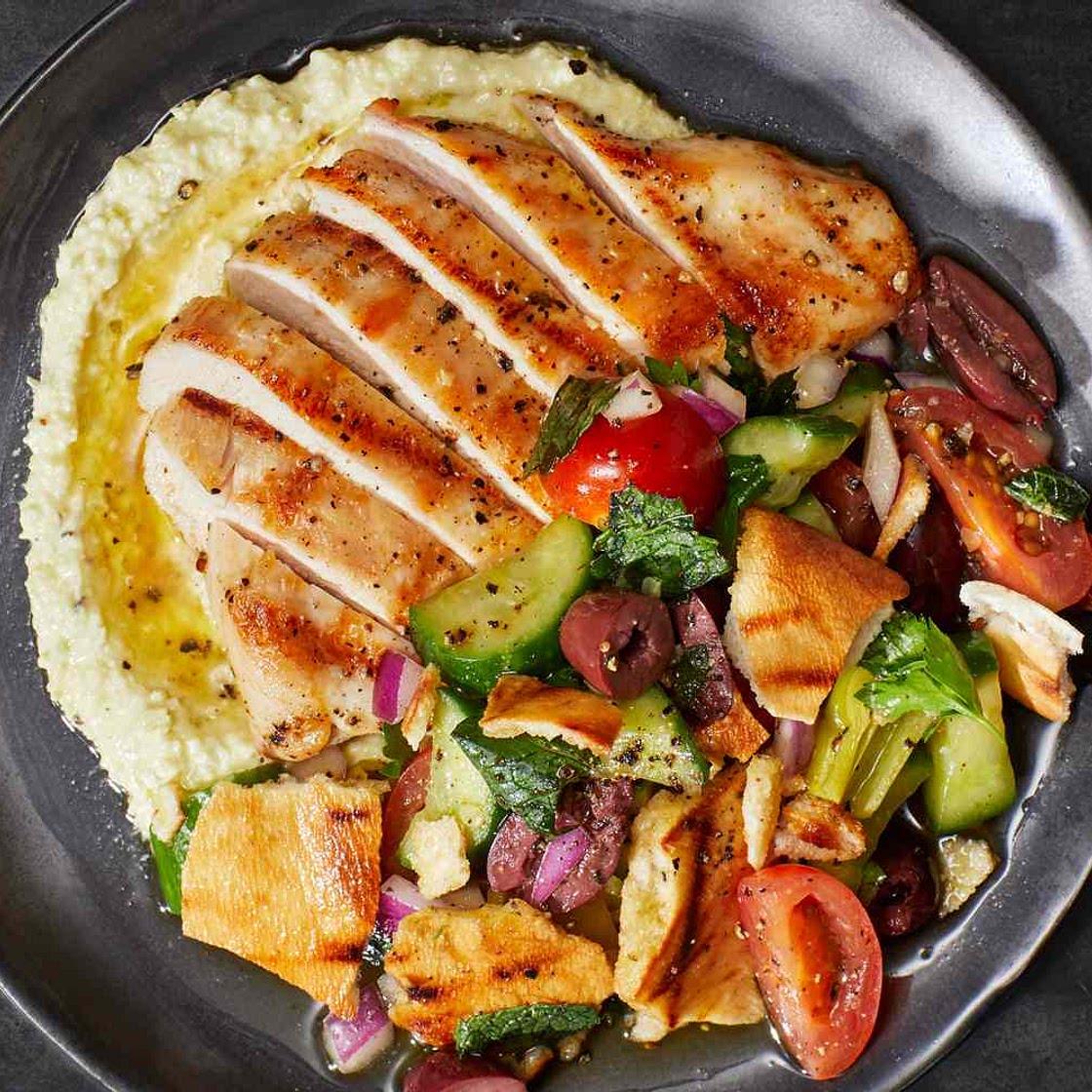 Grilled Chicken with Banana Pepper Dip and Fattoush