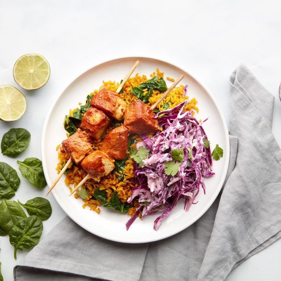 Tikka Smoked Tofu Skewers with Apple Slaw