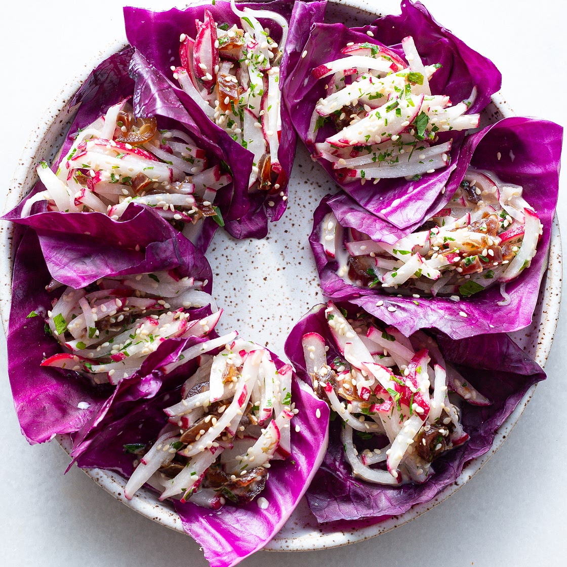 Lemon Tahini Salad with Radishes, Dates & Sesame Seeds