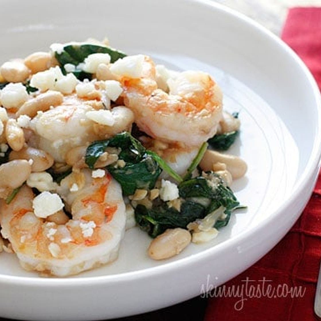 Tuscan White Beans with Spinach, Shrimp and Feta