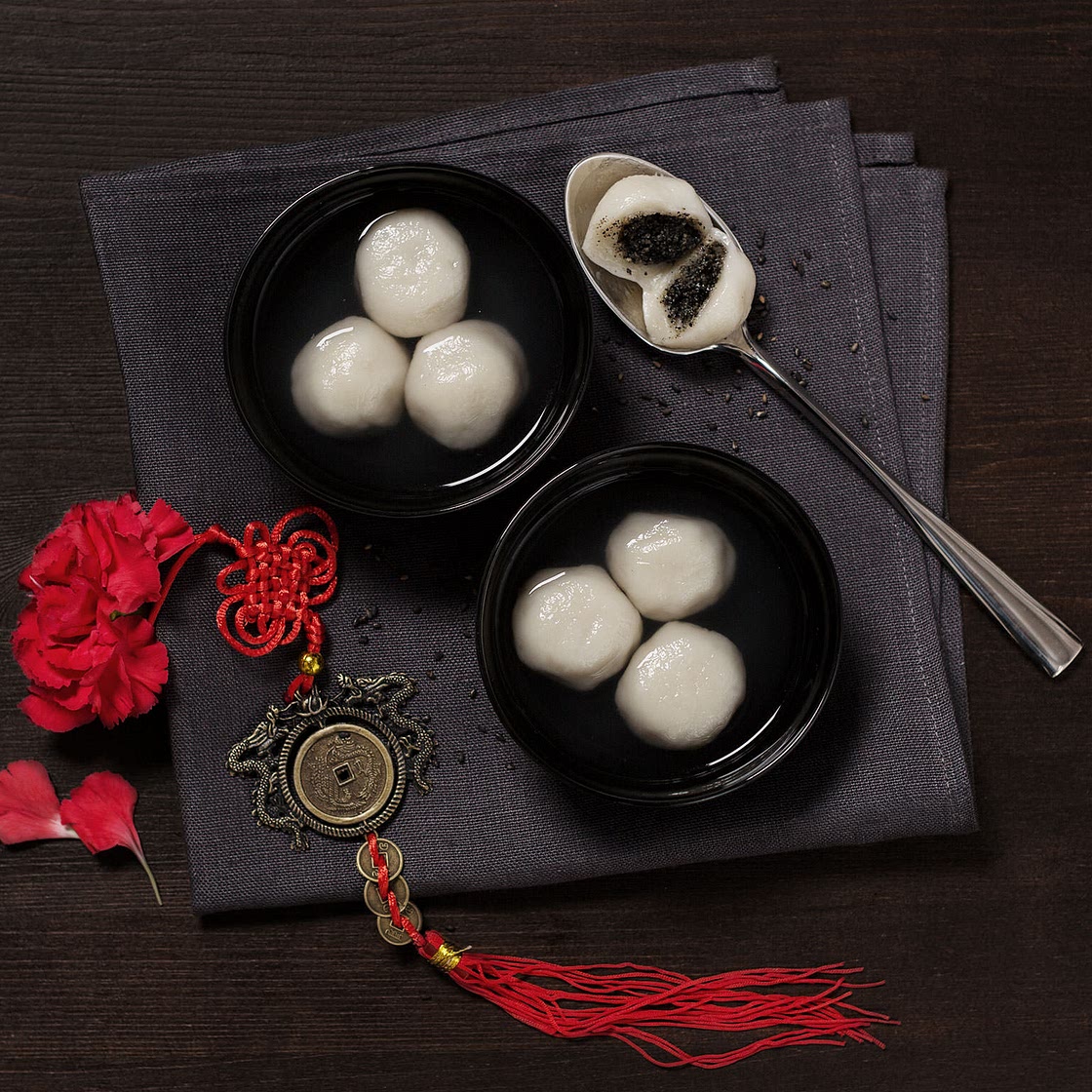 Sweet rice balls with black sesame