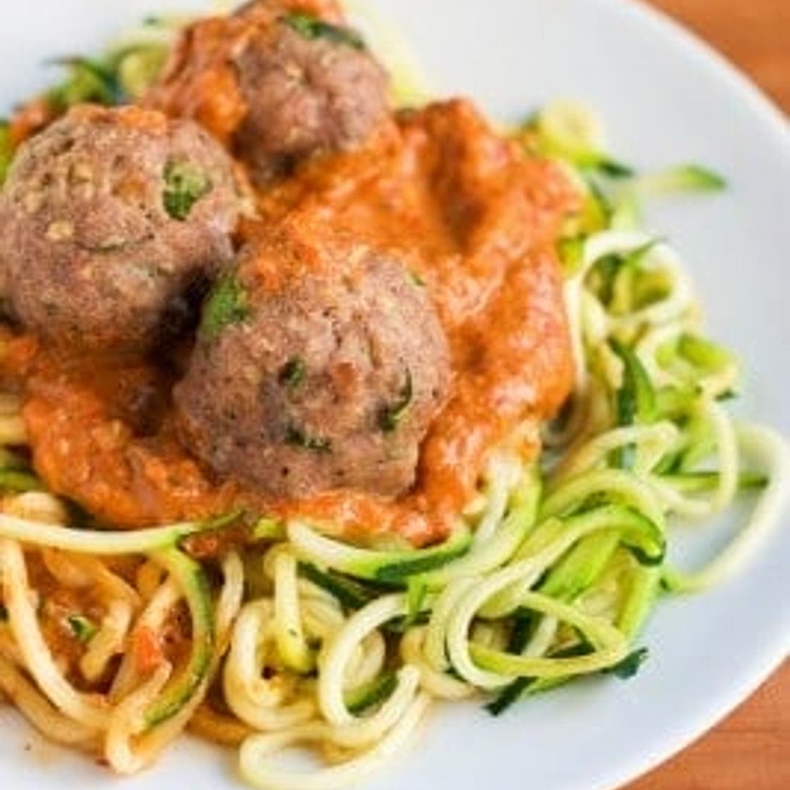 Zoodles with Turkey Meatballs in Roasted Red Pepper Sauce