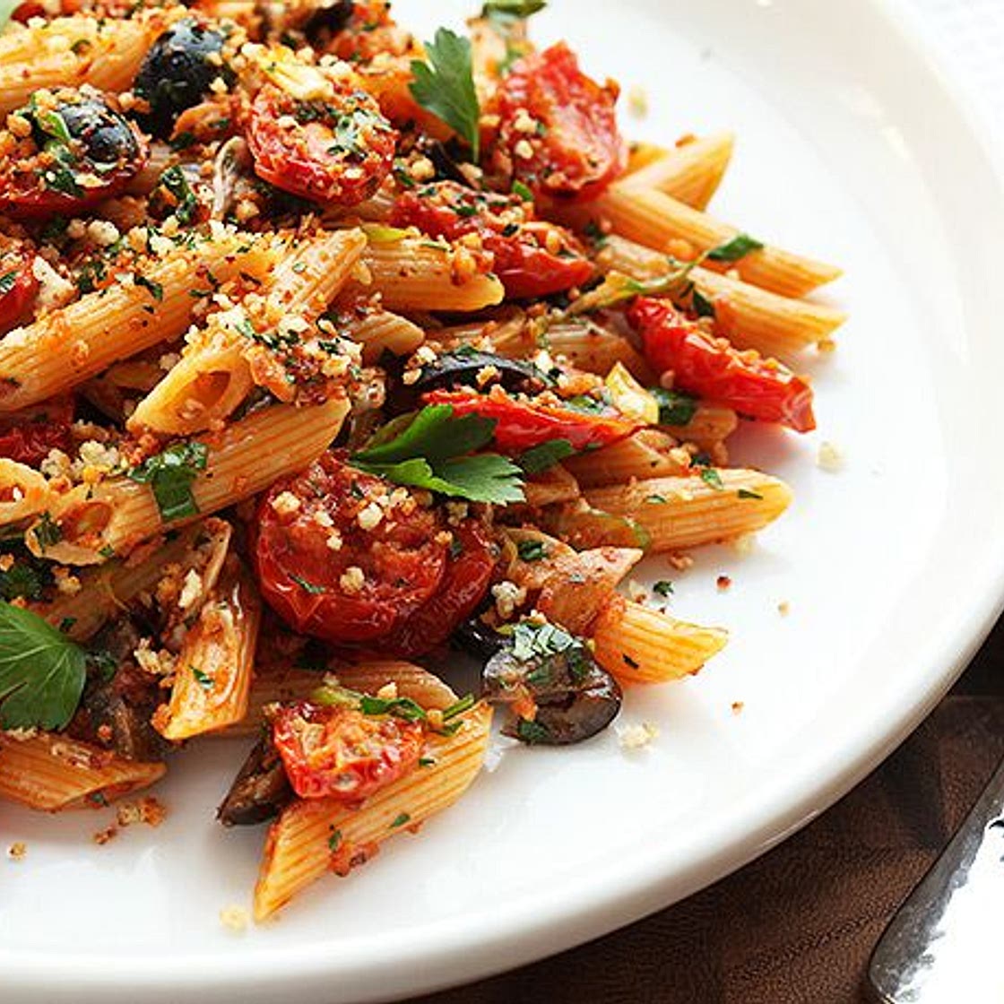 Triple Garlic Pasta With Oven-Dried Tomatoes, Olives, and Breadcrumbs Recipe