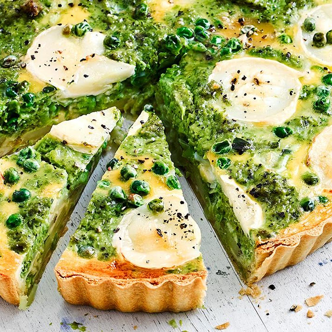 Goats’ cheese and pea pesto tart