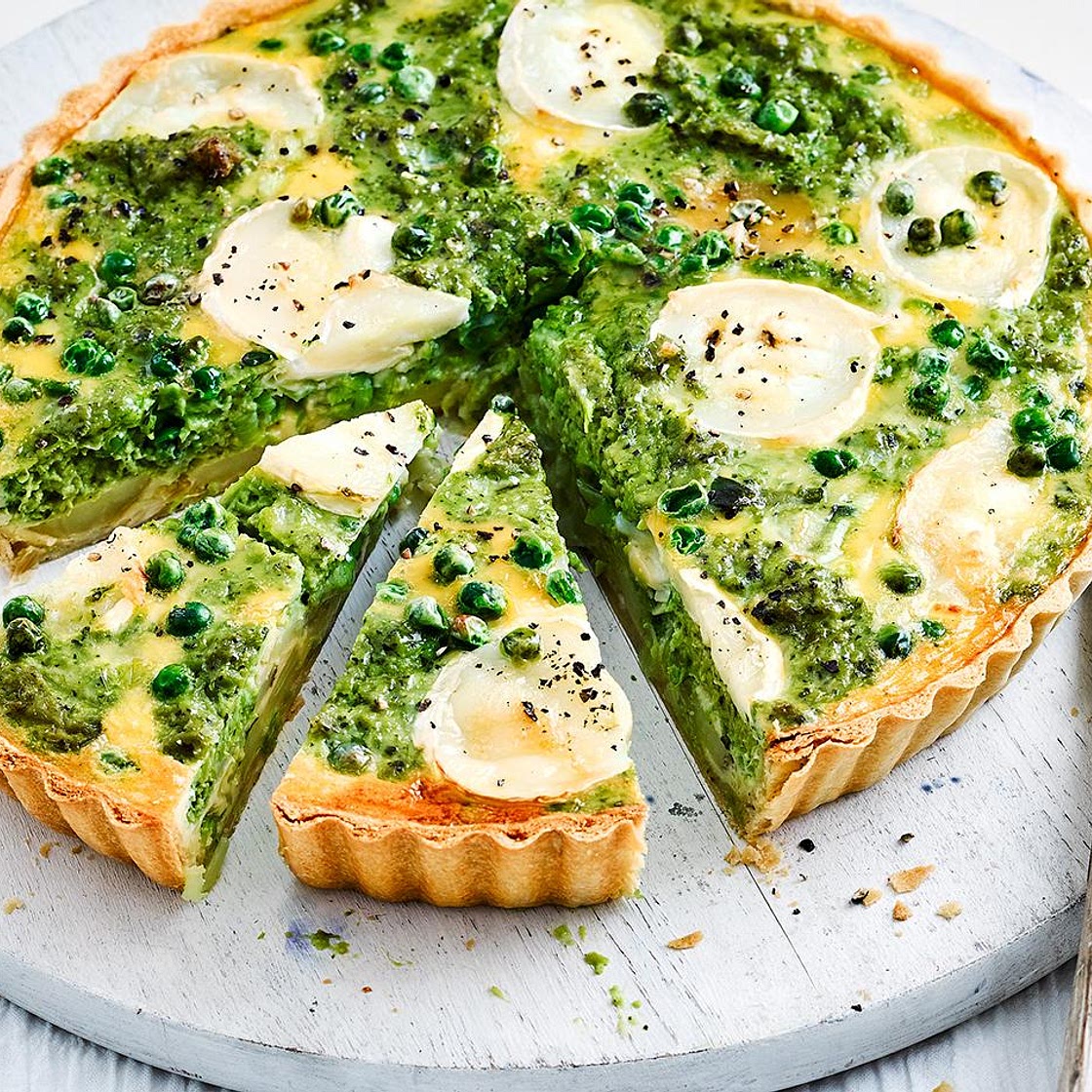 Goats’ cheese and pea pesto tart