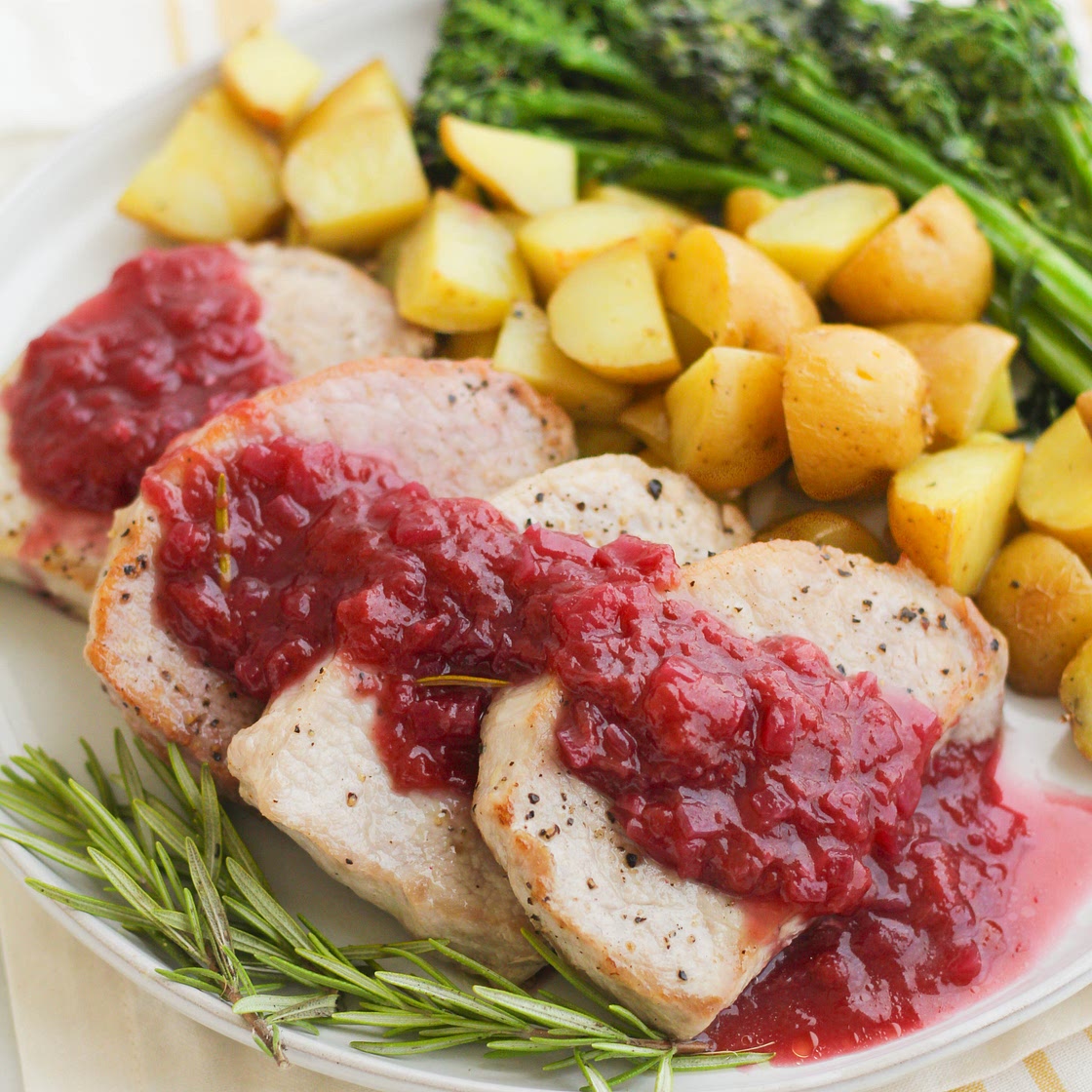 Pan Seared Pork Chops with Rosemary Plum Sauce, Roasted Potatoes & Broccolini